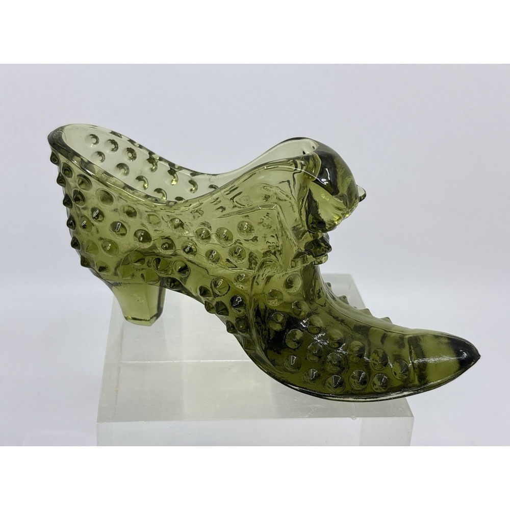 Vintage Fenton Hobnail Glass Green Color Shoe